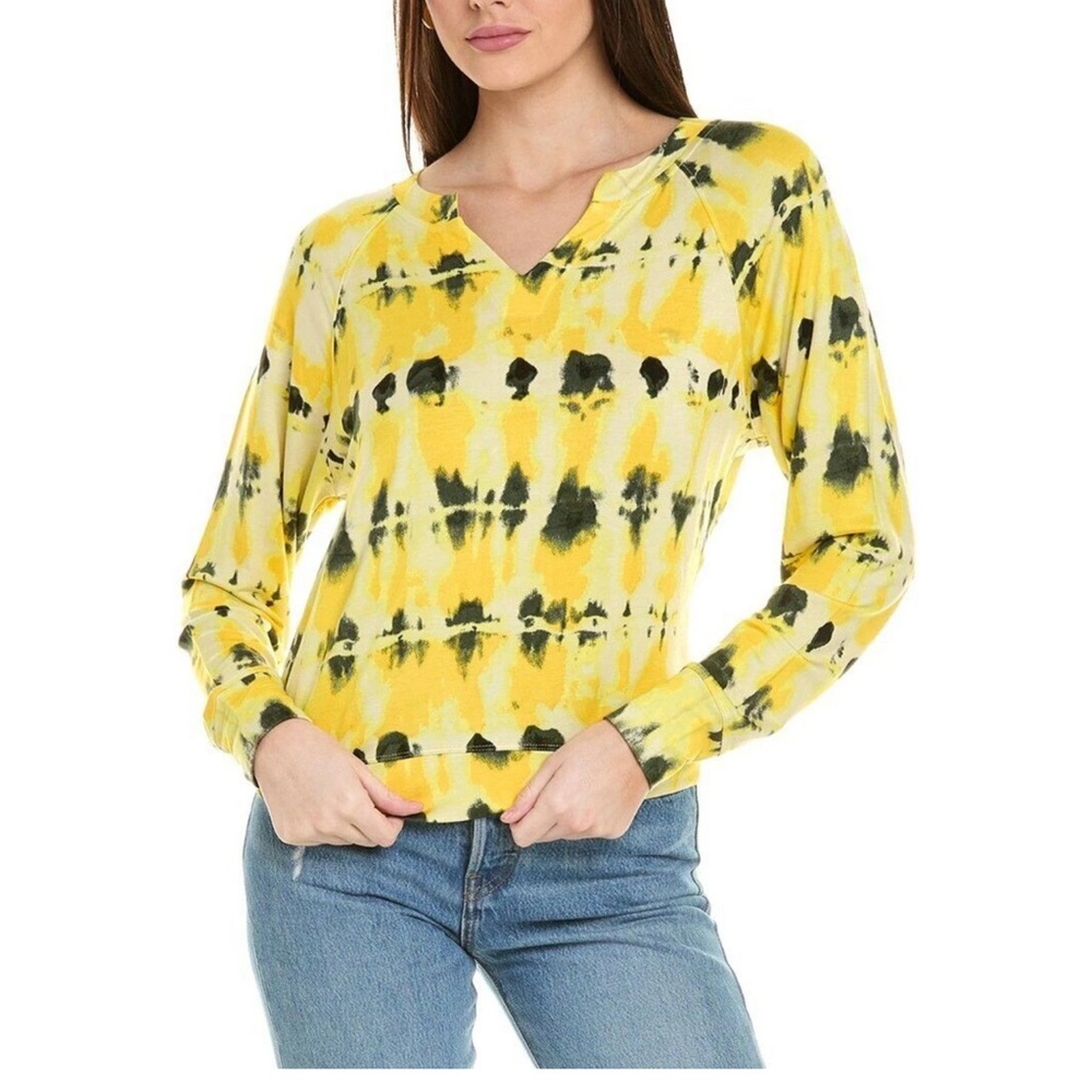 CABI Yellow Black Tie Dye V-Neck Atomic Lightweight Sweatshirt Size Small